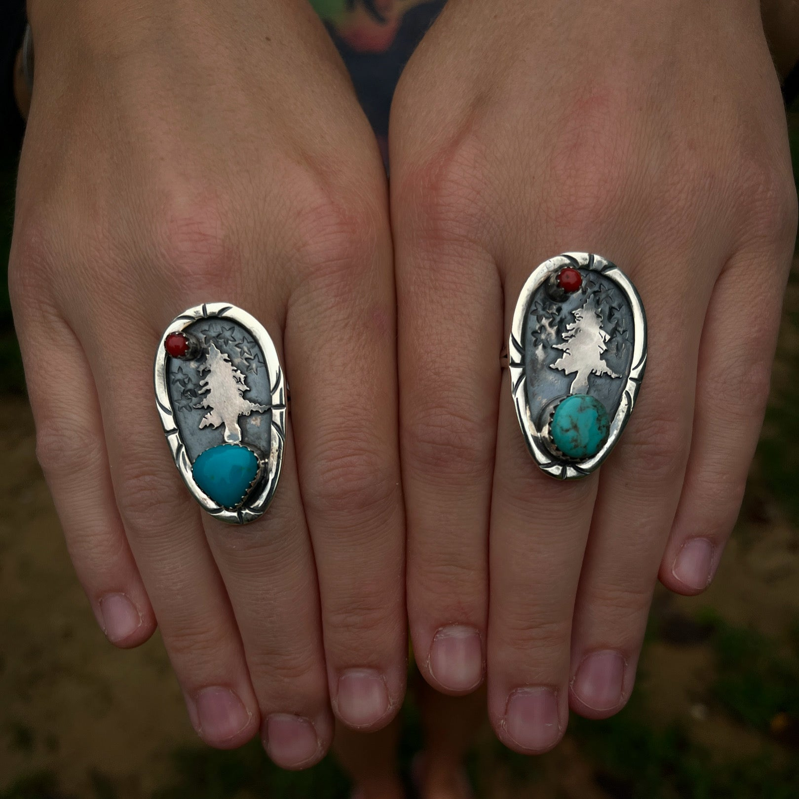 Southwestern Pine Tree Rings made with Turquoise and Red Coral, Fine Jewelry