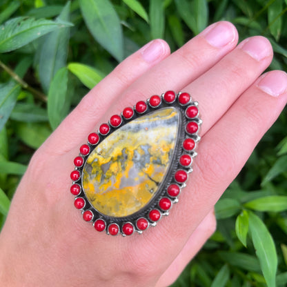 Bumblebee Jasper + Red Coral - Size 8 - Southwestern Ring