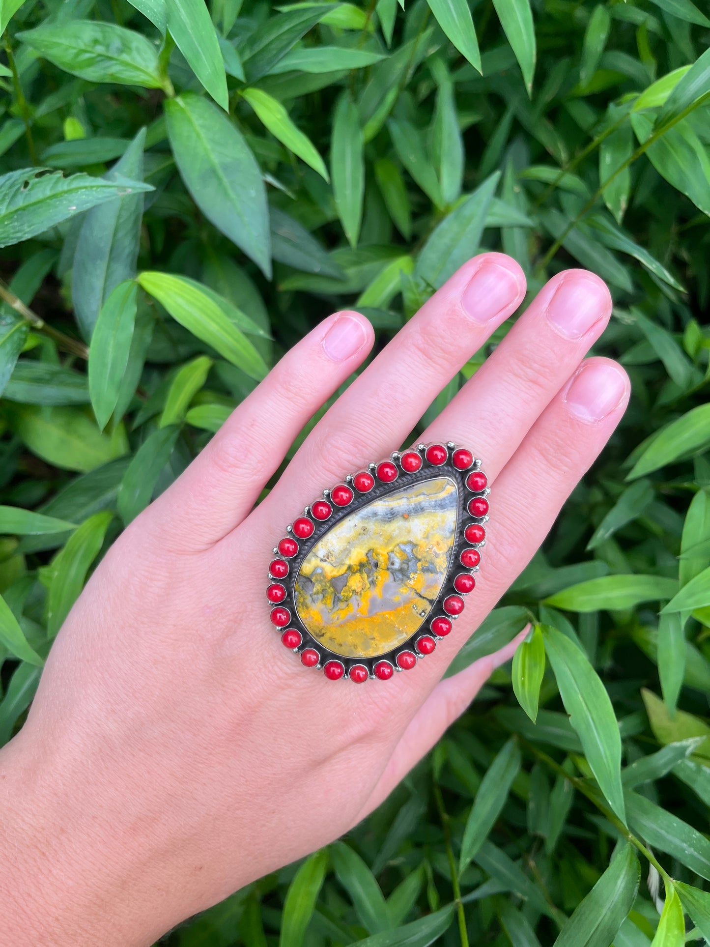 Bumblebee Jasper + Red Coral - Size 8 - Southwestern Ring