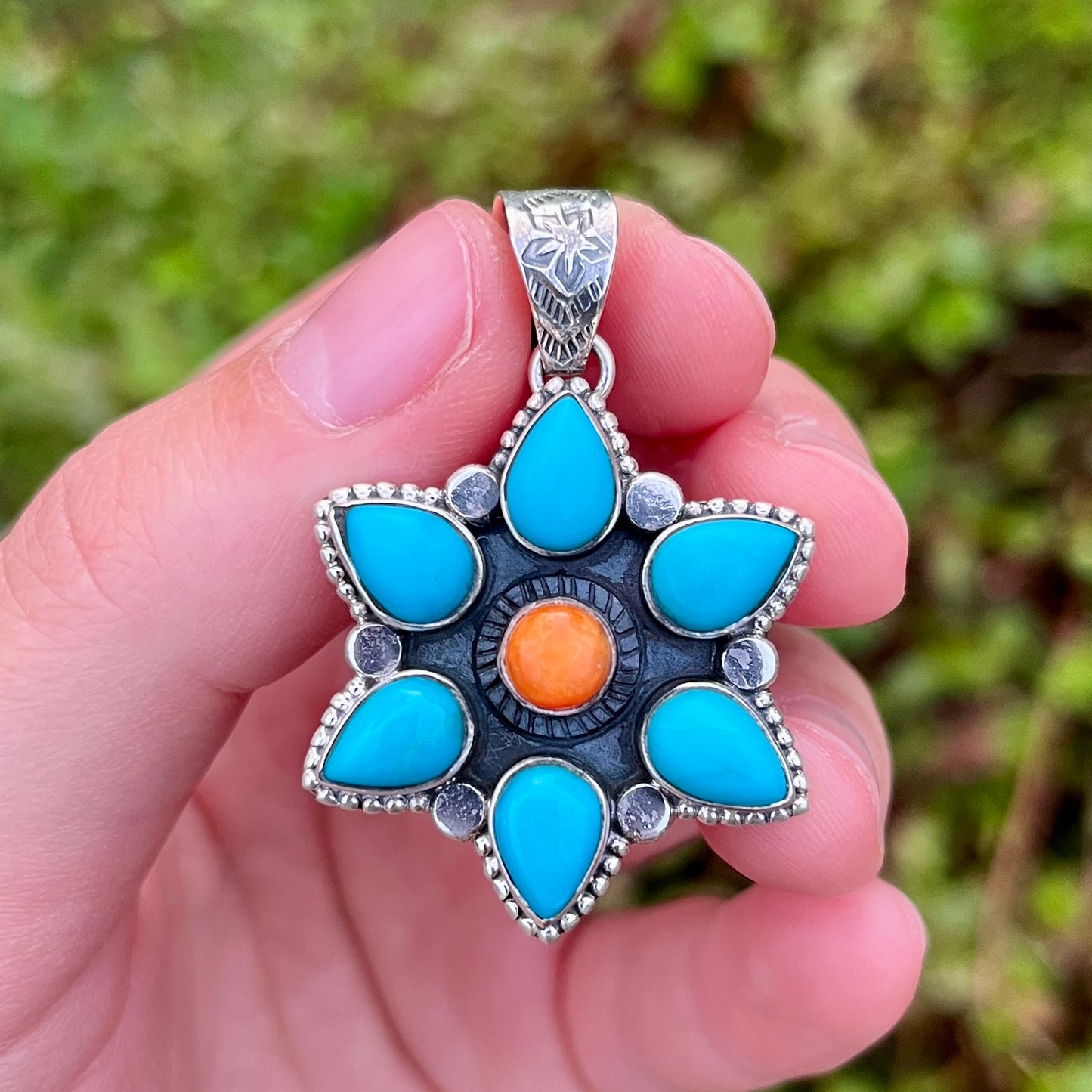 Kingman Turquoise + Orange Spiny Oyster – 1.875" Flower - Southwestern Pendant