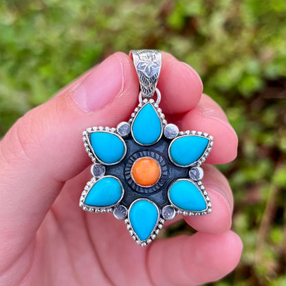 Kingman Turquoise + Orange Spiny Oyster – 1.875" Flower - Southwestern Pendant