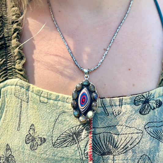 Labradorite + Fordite - 2.125" Flower - Gemstone Pendant