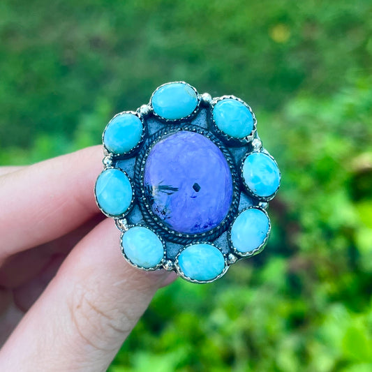 Charoite + Larimar - Size 8.5 - Southwestern Ring