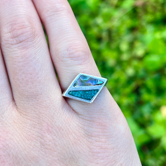 Turquoise + Abalone Inlay - Size 6.25 - Native American Ring