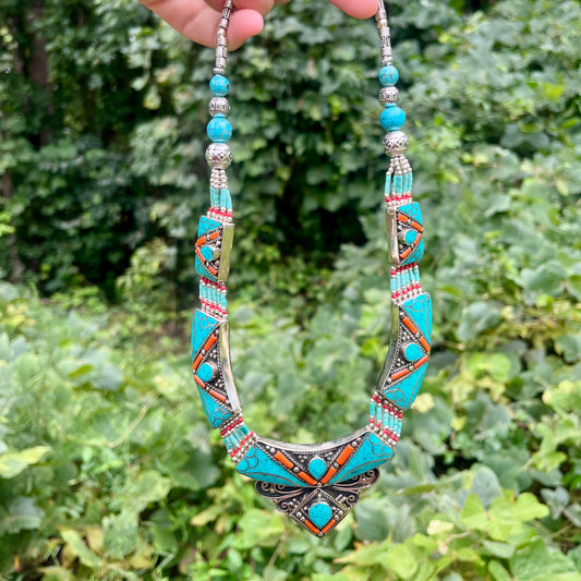 Tibetan Turquoise + Coral - 20" - Gemstone Necklace