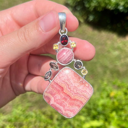 Rhodochrosite + Smoky Quartz + Citrine + Garnet - 3" - Gemstone Pendant