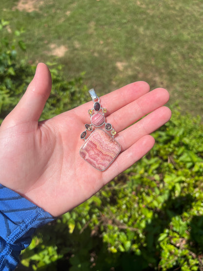 Rhodochrosite + Smoky Quartz + Citrine + Garnet - 3" - Gemstone Pendant