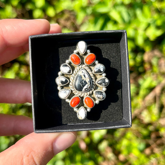 White Buffalo Turquoise + Red Coral - Size 8 - Southwestern Ring