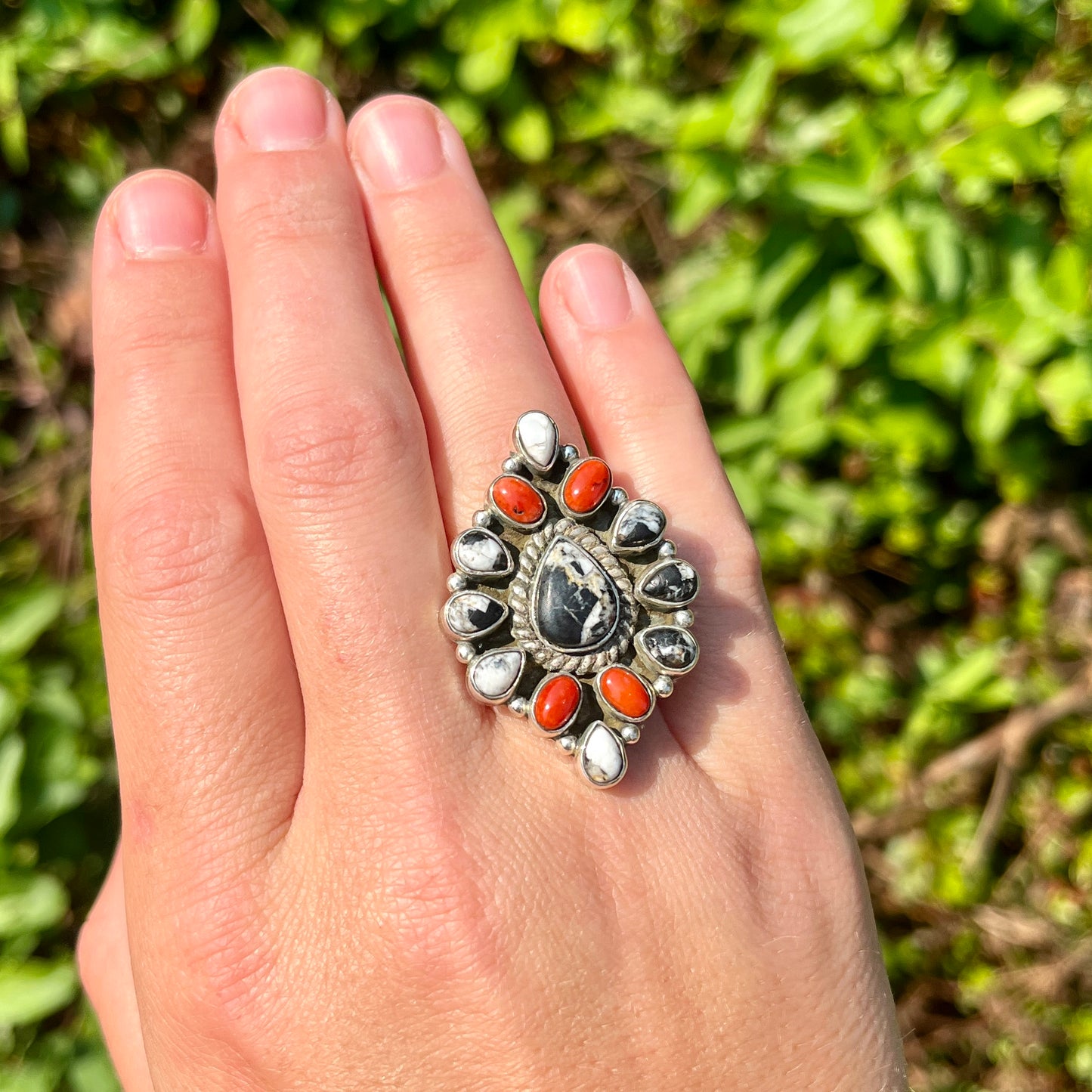 White Buffalo Turquoise + Red Coral - Size 8 - Southwestern Ring