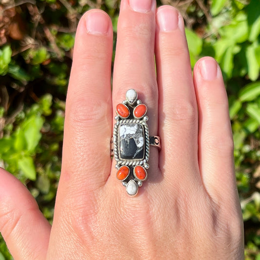 White Buffalo Turquoise + Red Coral - Size 8.5 - Southwestern Ring