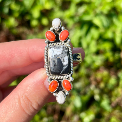 White Buffalo Turquoise + Red Coral - Size 8.5 - Southwestern Ring