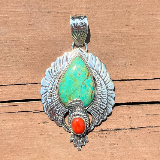 Green Kingman Turquoise + Red Coral - 2.25" Eagle - Southwestern Pendant