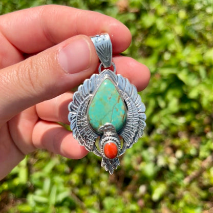 Green Kingman Turquoise + Red Coral - 2.25" Eagle - Southwestern Pendant