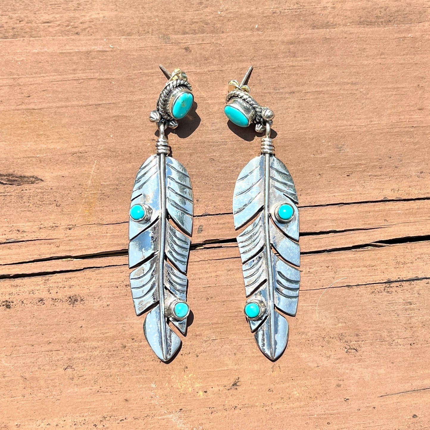 Kingman Turquoise - Feather Dangles – Southwestern Earrings