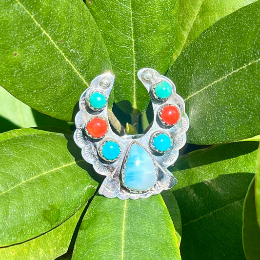 Larimar + Turquoise + Red Coral - Size 10 - Southwestern Ring