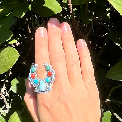 Larimar + Turquoise + Red Coral - Size 10 - Southwestern Ring